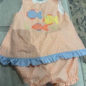 Orange Gingham Girls' Fish Appliqué Dress Set